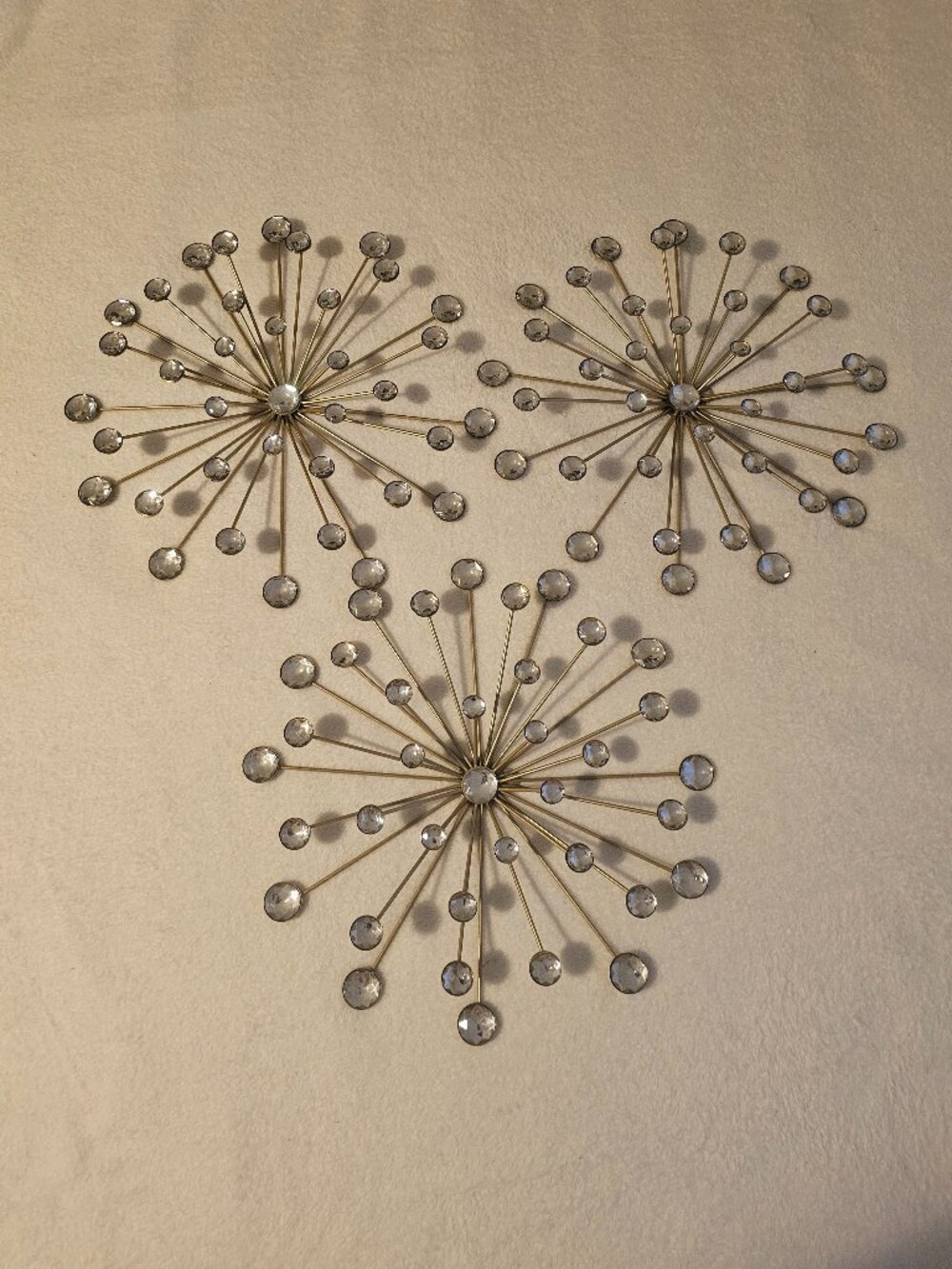 Set of 3 Gold Finish Starburst Jeweled Metal Decorative Wall Sculptures